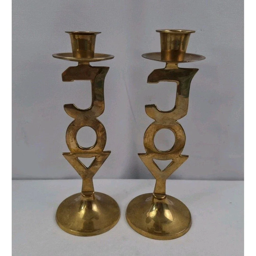 Vtg International Silver Co. Solid Brass JOY Candlestick Holders Set of 2 India